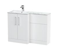 Balterley Belvide Retro Partially Fluted Floor Standing 2 Door Vanity Wc Unit And Carrera Marble Stone Basin, Left Hand, 1100mm, Satin White