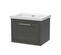 Balterley Blithbury Traditional Bathroom Wall Hung 1 Drawer Vanity Unit And 0 Tap Hole Modern Fireclay Basin, 600mm, Woodgrain Dark Grey