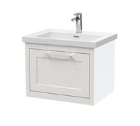 Balterley Blithbury Traditional Bathroom Wall Hung 1 Drawer Vanity Unit And 1 Tap Hole Modern Fireclay Basin, 600mm, Woodgrain White