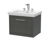 Balterley Blithbury Traditional Bathroom Wall Hung 1 Drawer Vanity Unit And 3 Tap Hole Fireclay Basin, 600mm, Woodgrain Dark Grey