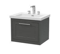 Balterley Blithbury Traditional Bathroom Wall Hung 1 Drawer Vanity Unit And 3 Tap Hole Modern Fireclay Basin, 600mm, Woodgrain Dark Grey