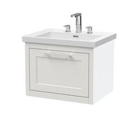 Balterley Blithbury Traditional Bathroom Wall Hung 1 Drawer Vanity Unit And 3 Tap Hole Modern Fireclay Basin, 600mm, Woodgrain White