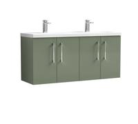 Balterley Level 1200 mm Wall Hung 4 Door Double Basin Vanity Unit with Handles for Modern Bathroom Storage - Satin Green