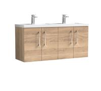 Balterley Bramshall 1200mm Wall Hung 4 Door Vanity Unit & Double Basin For Modern Bathroom Storage - Bleached Oak
