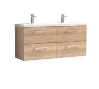 Balterley Bramshall 1200mm Wall Hung 4 Drawer Vanity Unit With Double Basin For Modern Bathroom Storage - Bleached Oak