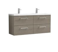 Balterley Level 1200mm Wall Hung 4 Drawer Vanity Unit with Double Basin for Modern Bathroom Storage - Solace Oak