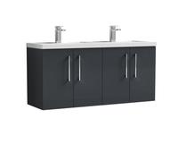 Balterley Bramshall 1205mm Wall Hung 4 Door Vanity Unit & Double Polymarble Basin For Modern Bathroom Storage - Dark Grey