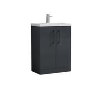 Balterley Bramshall Compact Bathroom Cloakroom Vanity Basin Unit With Ceramic Basin, Black Handles, 600mm, Satin Dark Grey