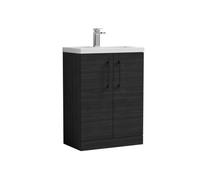 Balterley Bramshall Compact Bathroom Cloakroom Vanity Basin Unit With Ceramic Basin, Black Handles, 600mm, Woodgrain Black