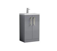 Balterley Bramshall Compact Bathroom Cloakroom Vanity Basin Unit With Ceramic Basin, Brushed Brass Handles, 500mm, Satin Grey