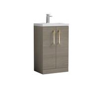 Balterley Bramshall Compact Bathroom Cloakroom Vanity Basin Unit With Ceramic Basin, Brushed Brass Handles, 500mm, Mid Oak