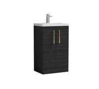 Balterley Bramshall Compact Bathroom Cloakroom Vanity Basin Unit With Ceramic Basin, Brushed Brass Handles, 500mm, Woodgrain Black