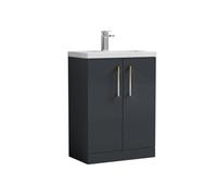 Balterley Bramshall Compact Bathroom Cloakroom Vanity Basin Unit With Ceramic Basin, Brushed Brass Handles, 600mm, Satin Dark Grey