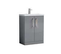Balterley Bramshall Compact Bathroom Cloakroom Vanity Basin Unit With Ceramic Basin, Brushed Brass Handles, 600mm, Satin Grey