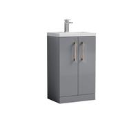 Balterley Bramshall Compact Bathroom Cloakroom Vanity Basin Unit With Ceramic Basin, Brushed Bronze Handles, 500mm, Satin Grey