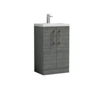 Balterley Bramshall Compact Bathroom Cloakroom Vanity Basin Unit With Ceramic Basin, Brushed Pewter Handles, 500mm, Woodgrain Grey