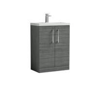 Balterley Bramshall Compact Bathroom Cloakroom Vanity Basin Unit With Ceramic Basin, Chrome Handles, 600mm, Woodgrain Grey
