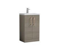 Balterley Bramshall Compact Bathroom Cloakroom Vanity Basin Unit With Ceramic Basin, Copper Handles, 500mm, Mid Oak