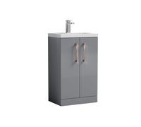 Balterley Bramshall Compact Bathroom Cloakroom Vanity Basin Unit With Ceramic Basin, Copper Handles, 500mm, Satin Grey