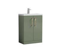 Balterley Bramshall Compact Bathroom Cloakroom Vanity Basin Unit With Ceramic Basin, Copper Handles, 600mm, Satin Green
