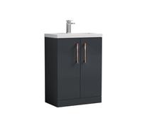 Balterley Bramshall Compact Bathroom Cloakroom Vanity Basin Unit With Ceramic Basin, Copper Handles, 600mm, Satin Dark Grey