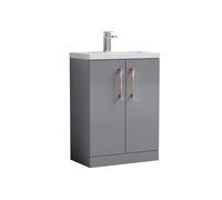 Balterley Bramshall Compact Bathroom Cloakroom Vanity Basin Unit With Ceramic Basin, Copper Handles, 600mm, Satin Grey