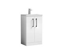 Balterley Bramshall Compact Bathroom Cloakroom Vanity Basin Unit With Polymarble Basin, Black Handles, 500mm, Gloss White