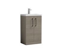 Balterley Bramshall Compact Bathroom Cloakroom Vanity Basin Unit With Polymarble Basin, Black Handles, 500mm, Mid Oak