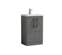 Balterley Bramshall Compact Bathroom Cloakroom Vanity Basin Unit With Polymarble Basin, Black Handles, 500mm, Woodgrain Grey