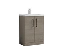 Balterley Bramshall Compact Bathroom Cloakroom Vanity Basin Unit With Polymarble Basin, Black Handles, 600mm, Mid Oak