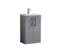 Balterley Bramshall Compact Bathroom Cloakroom Vanity Basin Unit With Polymarble Basin, Black Handles, 500mm, Satin Grey