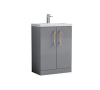 Balterley Bramshall Compact Bathroom Cloakroom Vanity Basin Unit With Polymarble Basin, Brushed Brass Handles, 600mm, Satin Grey