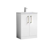 Balterley Bramshall Compact Bathroom Cloakroom Vanity Basin Unit With Polymarble Basin, Brushed Brass Handles, 600mm, Gloss White