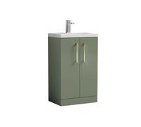 Balterley Bramshall Compact Bathroom Cloakroom Vanity Basin Unit With Polymarble Basin, Brushed Brass Handles, 500mm, Satin Green