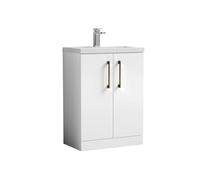 Balterley Bramshall Compact Bathroom Cloakroom Vanity Basin Unit With Polymarble Basin, Brushed Bronze Handles, 600mm, Gloss White