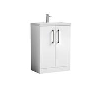 Balterley Bramshall Compact Bathroom Cloakroom Vanity Basin Unit With Polymarble Basin, Brushed Pewter Handles, 600mm, Gloss White