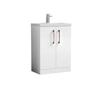 Balterley Bramshall Compact Bathroom Cloakroom Vanity Basin Unit With Polymarble Basin, Copper Handles, 600mm, Gloss White