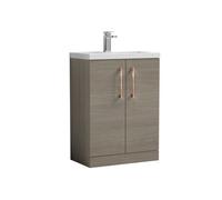 Balterley Bramshall Compact Bathroom Cloakroom Vanity Basin Unit With Polymarble Basin, Copper Handles, 600mm, Mid Oak