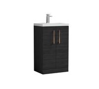 Balterley Bramshall Compact Bathroom Cloakroom Vanity Basin Unit With Polymarble Basin, Copper Handles, 500mm, Woodgrain Black
