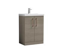 Balterley Bramshall Contemporary Bathroom Floor Standing 2-Door Vanity & Mid-Edge Basin, Solace Oak, 600mm