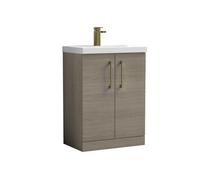 Balterley Bramshall Contemporary Bathroom Floor Standing 2-Door Vanity & Mid-Edge Basin, Solace Oak, 600mm