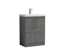 Balterley Bramshall Contemporary Bathroom Floor Standing 2-Door Vanity Unit & Mid-Edge Basin, Anthracite Woodgrain, 600mm