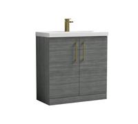 Balterley Bramshall Contemporary Bathroom Floor Standing 2-Door Vanity Unit & Mid-Edge Basin, Anthracite Woodgrain, 800mm