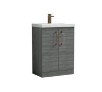 Balterley Bramshall Contemporary Bathroom Floor Standing 2-Door Vanity Unit & Mid-Edge Basin, Anthracite Woodgrain, 600mm