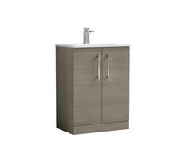 Balterley Bramshall Contemporary Bathroom Floor-Standing 2-Door Vanity Unit & Minimalist Basin, Solace Oak, 600 mm