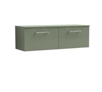 Balterley Bramshall Modern Bathroom 1200mm Wall Hung 2-Soft Close Drawer Vanity Unit With Worktop, 1205 X 377 X 390mm, Satin Green