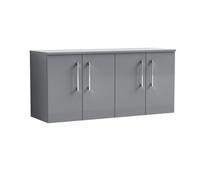Balterley Bramshall Modern Bathroom 1200mm Wall Hung 4-Door Vanity Unit With Laminate Worktop, Soft Close Doors, Satin Grey