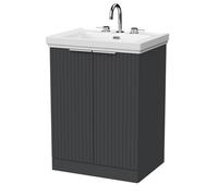 Balterley Callingwood Contemporary Floor Standing 2 Door Vanity Unit With Traditional 3 Tap Hole Fireclay Basin , 600mm, Dark Grey