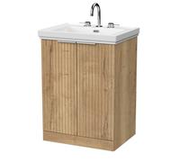 Balterley Callingwood Contemporary Floor Standing 2 Door Vanity Unit With Traditional 3 Tap Hole Fireclay Basin , 600mm, Autumn Oak