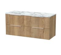 Balterley Callingwood Contemporary Wall Hung 4 Drawer Vanity Unit With Carrera Marble Laminate Worktop , 1200mm, Autumn Oak